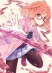  1girl black_legwear blood blush bob_cut brown_hair cardigan glasses highres kuriyama_mirai kyoukai_no_kanata pantyhose red-framed_glasses school_uniform sekiyu. serafuku short_hair skirt solo yellow_eyes 