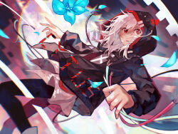  2girls black_jacket black_pants black_shirt blue_flower cable commentary_request cytus cytus_ii dark_skin flower grey_overskirt highres holding holding_cable hood horned_hood horns ivy_(cytus) jacket multiple_girls pants petals red_eyes red_horns ryuh_(asahina_neru) shirt silhouette vanessa_(cytus) white_hair 
