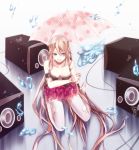  1girl absurdly_long_hair absurdres artist_request blue_eyes breasts cleavage down_blouse highres ia_(vocaloid) long_hair pink_hair sitting speaker thighhighs torn_clothes torn_thighhighs umbrella very_long_hair vocaloid wariza water white_legwear 