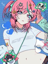  +_+ angels_of_delusion aqua_streaks aria_(human)_(zenless_zone_zero) aria_(zenless_zone_zero) arm_warmers bag bandaged_arm bandages bead_necklace beads blue_eyes breasts clothes_writing english_text gloves hair_ornament hair_ribbon hairclip headphones highres jewelry lowleg lowleg_pants medium_breasts multicolored_hair multiple_hairclips nangong_yu navel navel_piercing necklace pants piercing pink_gloves ribbon ring shoulder_bag sticker sticker_on_face streaked_hair striped_arm_warmers sunna_(zenless_zone_zero) tank_top thumb_ring twintails uumi_hinata zenless_zone_zero 