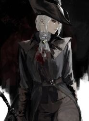  1girl ascot blood blood_on_clothes blood_stain bloodborne blue_eyes coat hat hat_feather highres lady_maria_of_the_astral_clocktower long_hair low-tied_long_hair pale_skin pants raberu_ruru rakuyo_(bloodborne) solo tricorne white_ascot white_hair 