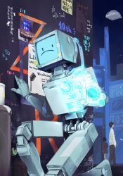  1boy 1girl 1other ad_(object) black_hair black_pants cytus cytus_ii ghostlibe highres holographic_interface humanoid_robot on_one_knee pants poster_(object) robo_head_(cytus) robot shirt solo_focus sticker sticker_on_face sticky_note white_shirt 
