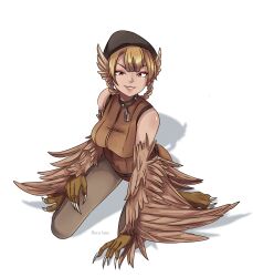  1girl absurdres animal_ears artist_name bare_shoulders beanie bird_ears bird_legs braid brown_eyes brown_feathers brown_hair brown_shirt brown_wings choker commentary english_commentary feathers flower_lynnn grin harpy hat highres looking_at_viewer monster_girl original second-party_source shirt simple_background sitting sleeveless sleeveless_shirt smile solo spiked_choker spikes talons twin_braids wariza white_background winged_arms wings 