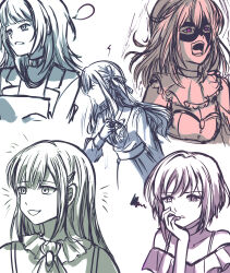  5girls absurdres ave_mujica_(bang_dream!) bang_dream! bang_dream!_it's_mygo!!!!! bare_shoulders choker commentary doloris_(bang_dream!) hair_ornament hair_ribbon hairclip head_rest heart highres long_hair long_sleeves mask masquerade_mask misumi_uika mortis_(bang_dream!) mortis_(persona)_(bang_dream!) multiple_girls multiple_monochrome navel off-shoulder_shirt off_shoulder ribbon seine_(hanamukes) shirt short_hair spoken_heart squiggle togawa_sakiko violet_eyes wakaba_mutsumi yahata_umiri 