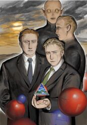  1other 3boys alien black_jacket black_pants black_suit blonde_hair blue_eyes blue_necktie brown_eyes brown_hair business_suit clouds collared_shirt formal_clothes green_necktie hair_slicked_back highres jacket lycaenopsis male_focus multiple_boys necktie orb original pants scenery shirt suit suit_jacket sun surreal triangle white_shirt yellow_eyes 