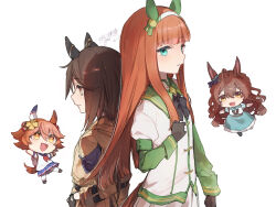  4girls :d animal_ears aqua_dress asymmetrical_footwear back-to-back black_bow black_gloves blue_sailor_collar blue_skirt blunt_bangs blunt_ends bow braid brown_hair center_frills chibi chibi_inset clover_hair_ornament coat cowboy_shot daruma_doll doll_hair_ornament dress ear_covers ear_ornament flipped_hair four-leaf_clover_hair_ornament frills gloves green_sailor_collar green_sleeves hair_between_eyes hair_ornament hairband hand_on_own_chest hand_on_own_hip highres hime_cut hood hooded_coat horse_ears horse_girl horse_tail long_hair low_ponytail maneki-neko matikanefukukitaru_(rising_fortune)_(umamusume) matikanefukukitaru_(umamusume) mejiro_bright_(brunissage_line)_(umamusume) mejiro_bright_(umamusume) multiple_girls neckerchief open_mouth orange_hair outstretched_arms parted_lips pleated_skirt ponytail puffy_short_sleeves puffy_sleeves red_neckerchief sailor_collar school_uniform serafuku shirt short_hair short_sleeves side_braids signature silence_suzuka_(innocent_silence)_(umamusume) silence_suzuka_(umamusume) single_ear_cover skirt smile spread_arms standing standing_on_one_leg star-shaped_pupils star_(symbol) stay_gold_(sunlit_outsider)_(umamusume) stay_gold_(umamusume) symbol-shaped_pupils tail tongue torn_clothes torn_coat twin_braids umamusume usetsu_illust white_background white_hairband white_shirt white_skirt wrist_belt yellow_coat yellow_eyes 