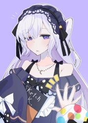  2girls bare_shoulders black_ribbon blue_dress blue_hairband bow collarbone crescent crescent_necklace dress dress_bow frilled_dress frilled_hairband frilled_sleeves frills gothic_lolita hair_over_one_eye hair_ribbon hairband highres hiiragi_tasore holding holding_sketchbook jewelry jogasaki_noah lolita_fashion lolita_hairband long_hair long_sleeves looking_at_viewer mahou_shoujo_no_majo_saiban multiple_girls natsume_an-an necklace off-shoulder_dress off_shoulder one_eye_covered outline polka_dot polka_dot_bow pov pov_hands purple_background ribbon simple_background sketchbook sleeve_bow sleeves_past_fingers sleeves_past_wrists solo_focus upper_body violet_eyes white_hair white_outline wide_sleeves 