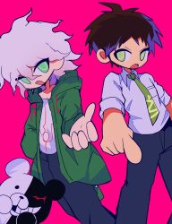  2boys ahoge breast_pocket brown_hair danganronpa_(series) danganronpa_2:_goodbye_despair green_eyes green_hoodie green_necktie highres hinata_hajime hood hoodie komaeda_nagito mikiwo_eko53 monokuma multiple_boys necktie open_mouth perspective pink_background pocket polo_shirt shirt simple_background stuffed_animal stuffed_toy teddy_bear teeth teeth_print upper_teeth_only white_hair white_shirt 