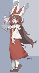 1girl ascot bow brown_eyes brown_hair brown_sandals chinese_commentary commentary_request detached_sleeves frilled_bow frilled_hair_tubes frills full_body hair_bow hair_tubes hakurei_reimu long_hair looking_at_viewer open_mouth red_bow red_skirt ribbon-trimmed_sleeves ribbon_trim sandals shi_yu_mu_xi skirt skirt_set smile socks solo touhou waving white_socks yellow_ascot 