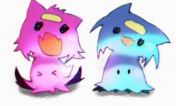  >_< absurdres alternate_color commentary drawn_eyes english_commentary fake_horns full_body fuwawa_abyssgard goondius highres hololive hololive_english horns looking_at_viewer mimikyu mococo_abyssgard open_mouth pokemon pokemon_(creature) simple_background smile solid_oval_eyes standing virtual_youtuber white_background 