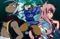  1girl 2boys animal_ear_fluff animal_ears arieko bad_id black_shoes black_vest blue_kimono blue_nails blue_shirt bow brown_pants dark-skinned_male dark_skin demon_boy demon_horns evil_smile floral_print floral_print_kimono fox_ears fox_girl full_moon green_hair hair_bow hakuouki_(arieko) hand_up head_back holding holding_sword holding_weapon horns japanese_clothes jumping katana kimono kinui_(arieko) long_hair looking_at_viewer looking_to_the_side low_ponytail moon multiple_boys night open_clothes open_vest original outdoors pants parted_lips pink_hair ponytail print_kimono print_shirt red_eyes red_scarf scarf shaorin_(arieko) shirt shoes smile smirk spiky_hair sword vest weapon white_hair yellow_bow yellow_eyes yin_yang yin_yang_print zipper zipper_pull_tab 