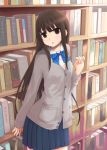  1girl book bookshelf brown_eyes brown_hair cardigan female library long_hair okiru original school_uniform skirt solo standing 