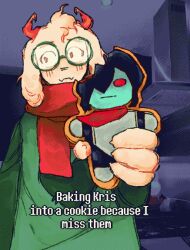  1boy 1other anyoneinside baking_my_long_distance_bf_into_a_cookie_because_i_miss_him_(meme) blush closed_mouth cookie deltarune derivative_work english_commentary english_text fangs floppy_ears food food_bite furry furry_male green_robe holding holding_cookie holding_food horns kris_(dark_world)_(deltarune) kris_(deltarune) looking_to_the_side male_focus meme pink_horns pink_scarf ralsei robe scarf skin_fangs utdr_(toby_fox) white_fur 