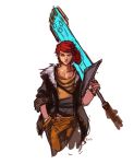  1boy blue_eyes cowboy_shot cropped_legs darren_geers genderswap hand_in_pocket highres huge_weapon red_(transistor) redhead solo sword the_transistor transistor_(game) weapon 