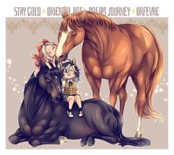  2girls aged_down ahoge animal animal_ear_fluff animal_ears black_ribbon black_socks blue_eyes blush border brown_background brown_fur brown_hair buttons character_name child closed_eyes collared_shirt colored_inner_animal_ears colored_inner_hair commentary curtained_hair double-breasted dream_journey_(umamusume) frilled_socks frills gem glasses grey_shorts hair_between_eyes highres horse horse_ears horse_girl horse_tail long_hair medium_hair miru_(mill_36) multicolored_hair multiple_girls neck_ribbon open_mouth orange_fur orfevre_(umamusume) oriental_art_(racehorse) outside_border plaid_clothes purple_gem ribbon shirt shoes short_sleeves shorts sitting_on_animal socks stay_gold_(racehorse) streaked_hair tail teeth tongue umamusume v-shaped_eyebrows vest white_border white_shirt white_shoes white_socks white_streaks yellow_vest 