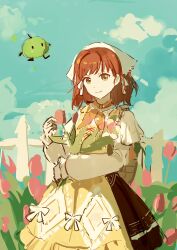  1girl absurdres apple apron basket basket_on_back blue_sky bouquet bow bow_apron brown_skirt chinese_commentary closed_mouth clouds commentary_request country_lolita cowboy_shot day diamond_print dot_nose fence flower food food-themed_creature frilled_apron frilled_sleeves frills fruit garden green_apple green_eyes hair_ribbon happy headscarf high-waist_skirt highres himawari901 holding holding_bouquet infinity_nikki junimo layered_sleeves lolita_fashion long_sleeves medium_skirt nikki_(series) orange_hair orange_scarf outdoors pink_flower pleated_skirt print_apron puffy_long_sleeves puffy_sleeves ribbon scarf shirt short_hair short_over_long_sleeves short_sleeves single_hair_intake sketch skirt sky sleeves_past_wrists smile standing stardew_valley stardew_valley_encounter_(infinity_nikki) tulip white_bow white_headscarf white_ribbon white_shirt yellow_apron 