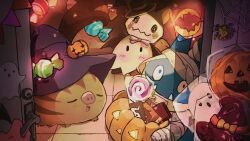  :d animal_focus bandages blush bow bowtie brown_fur candy chocolate chocolate_bar drawn_eyes fangs food full_body halloween_bucket hat highres lollipop looking_at_viewer mimikyu munchlax no_humans oguraan open_mouth pink_bow pink_bowtie pokemon pokemon_(creature) pokemon_focus pumpkin purple_hat smile spinarak standing swinub witch_hat 