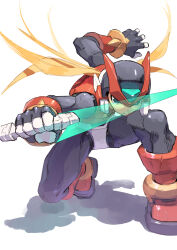  1boy armor black_eyes blonde_hair commentary_request energy_sword forehead_jewel full_body helmet highres holding holding_sword holding_weapon long_hair male_focus mega_man_(series) mega_man_zero_(series) omochi_(mochi_skymega) red_armor red_helmet simple_background solo sword weapon white_background z_saber zero(z)_(mega_man) zero_(mega_man) 
