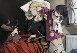  2girls alternate_costume black_hair black_shirt blanket blonde_hair book boots candle chikiso closed_eyes coat collared_shirt cynthia_(pokemon) hair_ornament hairclip hikari_(pokemon) holding holding_book indoors long_hair multiple_girls pink_boots pink_coat piplup pokemon pokemon_(creature) pokemon_diamond/pearl/platinum pokemon_platinum scarf shirt sitting sleeping socks standing tucking_hair upper_body white_scarf white_socks 