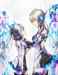  2girls android black_dress black_gloves blonde_hair blue_eyes commentary cytus detached_sleeves dress english_commentary gloves grey_hair headgear headphones highres miu_(cytus) multiple_girls official_art ryori thigh-highs two-tone_dress vanessa_(cytus) white_dress 