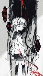 1boy 1girl adashino_adami blood blood_on_clothes blood_on_weapon crowbar english_commentary english_text holding holding_crowbar homicipher japanese_clothes kimono long_hair looking_at_viewer looking_back mr._crawling school_uniform serafuku short_hair skirt spot_color sweater sweeeet_him very_long_hair very_short_hair weapon 