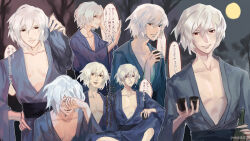  1boy absurdres blue_kimono blue_sash bottle choko_(cup) collarbone cup floating_hair hair_between_eyes hand_on_own_face highres holding holding_bottle japanese_clothes kagetsu_tooya kimono looking_at_viewer male_focus medium_hair open_hands pale_skin pectorals red_eyes sake_bottle sash scene_reference shonocondo sitting smile solo tohno_shiki_(original) translation_request tsukihime upper_body white_hair wide_sleeves 