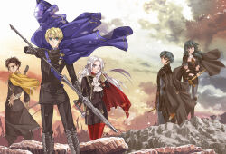  2girls 3boys arm_guards arrow_(projectile) black_cape black_gloves black_jacket black_pantyhose black_shorts blonde_hair blue_cape blue_eyes bow_(weapon) brown_hair cape claude_von_riegan closed_mouth cropped_jacket curtained_hair detached_collar dimitri_alexandre_blaiddyd dual_persona edelgard_von_hresvelg feet_out_of_frame female_byleth_(fire_emblem) fire_emblem fire_emblem:_three_houses floating_cape floating_hair garreg_mach_monastery_uniform gloves green_eyes green_hair grey_sky hair_between_eyes hand_on_own_arm hand_on_own_hip high_collar holding holding_bow_(weapon) holding_polearm holding_sword holding_weapon jacket long_hair long_sleeves looking_at_viewer male_byleth_(fire_emblem) morozumi_junka multiple_boys multiple_girls neckerchief outdoors pantyhose parted_bangs parted_lips polearm red_cape red_pantyhose school_uniform short_hair short_shorts shorts sky spear standing sword sword_of_the_creator tsurime upper_body v-shaped_eyebrows violet_eyes weapon white_gloves white_hair white_neckerchief yellow_cape 