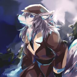  1boy animal_ears artist_name brown_hat brown_jacket closed_mouth commentary fate/grand_order fate_(series) fur-trimmed_jacket fur_trim furry furry_male grey_fur grey_hair hat highres jacket long_hair looking_to_the_side male_focus patxi_(fate) petadodu untranslatable_commentary wolf_boy wolf_ears 