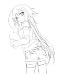  1girl chabaneko eating from_behind highres long_hair looking_back monochrome original shorts simple_background sketch solo thighhighs very_long_hair white_background 