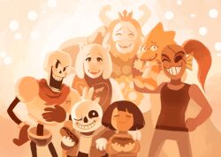  1other 3boys 3girls alphys asgore_dreemurr blonde_hair blush brothers brown_hair closed_eyes couple fish_girl food frisk_(undertale) gigi_d.g. goat_boy goat_girl group_picture hand_on_own_hip holding holding_food hot_dog hot_dog_bun king lifting_person looking_at_viewer multiple_boys multiple_girls official_art orange_theme papyrus_(undertale) red_scarf reptile_girl sans_(undertale) scarf sepia siblings skeleton toriel undertale undyne utdr_(toby_fox) white_fur 