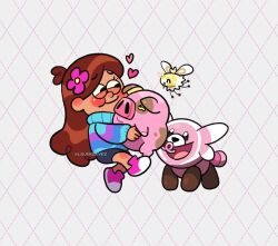 1girl :t ^_^ alt_text alternate_color argyle_background blush brown_hair closed_eyes closed_mouth commentary crossover cutiefly east-west_crossover english_commentary eyelashes flower gravity_falls hair_flower hair_ornament heart holding holding_pokemon l0verseyes lechonk long_hair long_sleeves mabel_pines multicolored_sweater nostrils open_mouth pink_flower pink_shoes pokemon pokemon_(creature) pokemon_team shiny_pokemon shoes smile stufful sweater twitter_username waddles white_background 