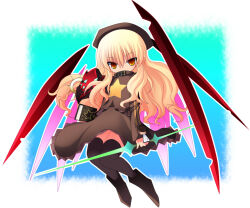  1girl aqua_background armor benerokku blonde_hair book border brown_hat brown_shoes brown_thighhighs covered_mouth full_body hair_between_eyes hat holding holding_book long_hair long_sidelocks long_sleeves looking_at_viewer orange_eyes outline pauldrons sekaiju_no_meikyuu sekaiju_no_meikyuu_3 shoes shoulder_armor sidelocks single_pauldron solo star_(symbol) thigh-highs white_border white_outline zodiac_(sekaiju) zodiac_4_(sekaiju) 