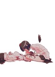  2girls absurdres backlighting bad_id bad_pixiv_id bird_wings black_ribbon black_skirt black_wings brown_hair closed_eyes couple detached_wings feathered_wings from_side hand_on_another's_head hat highres himekaidou_hatate holding kiss lap_pillow leaning_forward lying mini_wings miniskirt multiple_girls neck_ribbon negative_space non_(z-art) on_back pleated_skirt profile puffy_short_sleeves puffy_sleeves ribbon shameimaru_aya shirt short_hair short_sleeves simple_background sitting skirt sleeve_bow tokin_hat touhou u_u white_background white_shirt wings yuri 