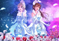  anastasia_(idolmaster) bare_shoulders blue_eyes breasts brown_eyes brown_hair cleavage dress flower highres idolmaster idolmaster_cinderella_girls jyuzujyzu8115 long_hair nitta_minami open_mouth short_hair silver_hair smile 