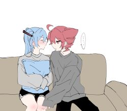  ... 2girls black_pants black_shorts blue_hair blush closed_eyes commentary_request couch drill_hair grey_sweater hand_on_another's_thigh hatsune_miku highres hugging_object kasane_teto long_hair looking_at_another multiple_girls on_couch open_mouth pants pillow pillow_hug red_eyes red_hair shorts simple_background spoken_ellipsis sweat sweater twin_drills twintails utau vocaloid white_background y0g_lu yuri 