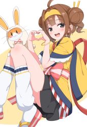  1girl :3 :d ahoge animal_costume back_ribbon badge bandaid bandaid_on_knee bandaid_on_leg black_eyes black_skirt black_trim blush blush_stickers bow bowtie bracelet brown_hair button_badge closed_mouth commentary cut_bangs double_bun foot_out_of_frame french_fries_hair_ornament furisode_sleeves gamyuu_(gamyu) gold_bracelet hair_bun hair_ornament hairband hamster hands_up happi heart heart_hands highres imadake_dabuchi_tabemi imadake_dabuchi_tabesuke imadake_tsukimi_tabemi japanese_clothes jewelry kanzashi kimono knees_together_feet_apart knees_up looking_at_viewer mcdonald's miniskirt okobo open_mouth pink_bow pink_bowtie pink_sandals pink_sash platform_sandals pleated_skirt rabbit_costume red_ribbon ribbon sandals sash short_hair short_sleeves skirt smile socks striped_clothes striped_kimono tabi teeth upper_teeth_only vertical-striped_clothes vertical-striped_kimono white_background white_kimono white_socks wide_sleeves yellow_hairband yellow_happi 
