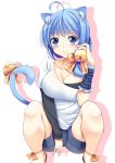  1girl ahoge animal_ears bell blue_eyes blue_hair breasts cat_ears cat_tail cleavage large_breasts off_shoulder original ribbon shorts smile solo squatting tail tail_bell tail_ribbon yatsu_(sasuraino) 