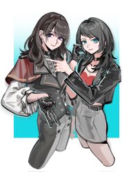  2girls atreedown bang_dream! bang_dream!_it's_mygo!!!!! black_choker black_gloves black_hair black_jacket black_pants black_vest blue_eyes brown_hair capelet choker closed_mouth commentary earrings finger_gun gloves grey_pants grey_skirt gyaru_v half-heart_hands highres jacket jewelry looking_at_viewer multiple_girls okada_mei pants real_life red_capelet skirt timoris_(bang_dream!) two-tone_pants untranslatable_commentary v vest violet_eyes voice_actor voice_actor_connection yahata_umiri 