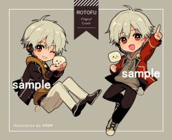  >_o 1boy :d antenna_hair arisa_(aren) artist_name black_jacket black_pants black_shoes blush blush_stickers brown_eyes brown_hoodie chain character_name character_request check_character check_copyright clenched_hand copyright_request drawstring foot_up_heel_up grey_hair grey_hoodie grin holding hood hoodie indie_utaite invisible_chair jacket long_sleeves looking_at_viewer microphone multiple_views official_art one_eye_closed open_mouth outstretched_arm pants pointing red_jacket rotofu_(utaite) sample_watermark shoes short_hair simple_background sitting smile star_(symbol) watermark white_pants white_shoes 