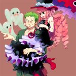  1boy 1girl black_dress black_eyes blush boots couple dress earrings ghost green_clothes green_eyes green_hair guttary hetero high_heels japanese_clothes jewelry long_hair one_piece open_mouth perona pink_hair roronoa_zoro short_hair simple_background umbrella 