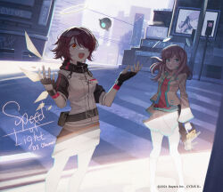  2girls absurdres aqua_belt aqua_trim arknights aroma_white belt belt_pouch black_gloves black_jacket blue_eyes character_name city cytus cytus_ii detached_wings energy_wings exusiai_(arknights) fingerless_gloves floating_headgear gloves gun hair_over_one_eye halo headgear highres holding holding_gun holding_weapon jacket long_hair multicolored_jacket multiple_girls official_art pink_hair pouch red_eyes sensenyi short_hair skirt submachine_gun traditional_halo two-tone_jacket weapon white_jacket white_skirt wings 