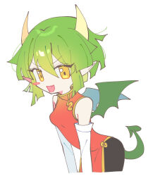  1girl armpit_crease black_pants blush_stickers breasts brown_eyes china_dress chinese_clothes cropped_arms cropped_legs draco_centauros dragon_girl dragon_horns dragon_tail dragon_wings dress fangs green_hair green_tail green_wings hair_between_eyes highres horns leaning_forward looking_at_viewer offbeat open_mouth pants pointy_ears puyopuyo red_dress sidelocks simple_background small_breasts solo tail white_background wings 