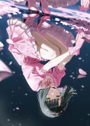  1girl absurdres black_hair blunt_bangs blunt_ends blush closed_mouth commentary_request dress earrings enu_illustip frilled_dress frills gloves green_eyes hairband highres jewelry looking_at_viewer love_live! love_live!_hasu_no_sora_jogakuin_school_idol_club momose_ginko official_alternate_costume petals pink_dress pink_gloves pink_hairband pink_petals pink_shoes puffy_short_sleeves puffy_sleeves reflection reflection_focus reflection_in_the_mirror_(love_live!) reflective_liquid revision shoes short_hair short_sleeves smile solo squatting textless_version virtual_youtuber 