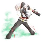  1boy aiming_at_viewer chabaneko dual_wielding grin gun highres looking_at_viewer looking_back original short_hair simple_background smile solo weapon white_background white_hair 