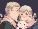  2boys :&gt; :3 aqua_eyes axis_powers_hetalia benoyama blonde_hair blue_eyes blush breath dog finland_(hetalia) glasses hana-tamago male multiple_boys scarf smile sweden_(hetalia) 