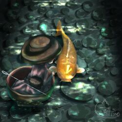  1girl animal commentary_request fish from_behind japanese_clothes koi mini_person miracle_mallet needle obi pebble sash satenoo0 sewing_needle signature solo sukuna_shinmyoumaru touhou water 