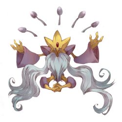  1other alakazam beard commentary_request facial_hair full_beard full_body long_mustache mega_alakazam mega_pokemon mustache pokemon pokemon_(creature) red_eyes shie-k simple_background solo spoon white_background wide_sleeves 