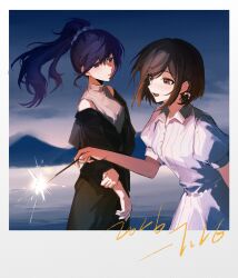  2girls asahina_mafuyu asenai_ima_wo_ayatte_(project_sekai) baiyubyy bare_shoulders black_cardigan black_skirt blue_sky border bow braid brown_eyes brown_hair cardigan closed_mouth commentary_request dated dress expressionless fireworks hair_bow hand_on_own_arm highres holding holding_fireworks long_hair looking_to_the_side multiple_girls official_alternate_costume open_clothes open_mouth picture_frame polaroid_photo ponytail project_sekai purple_hair shinonome_ena shirt short_hair short_sleeves single_braid skirt sky sleeveless sleeveless_turtleneck smile sparkle turtleneck violet_eyes white_border white_bow white_dress white_shirt 