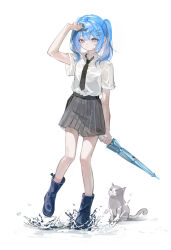  1girl absurdres aqua_umbrella arahashi_tabi arm_at_side black_necktie blue_boots blue_hair boots closed_mouth closed_umbrella cloud_hair_ornament collared_shirt commentary_request doa_(xmxa8422) double-parted_bangs full_body grey_skirt hair_ornament hairclip hand_up highres holding holding_umbrella korean_commentary looking_at_viewer medium_hair miniskirt necktie pleated_skirt rubber_boots shirt shirt_tucked_in short_sleeves simple_background skirt solo splashing standing stellive straight_hair twintails umbrella variant_set virtual_youtuber water white_background white_shirt 