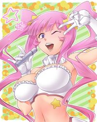  armpits bare_shoulders blue_eyes breasts choker crop_top frills gloves gundam gundam_build_fighters hair_ornament kirara_(gundam_bf) long_hair looking_at_viewer mamoru_(pixiv) microphone midriff navel open_mouth pink_hair star twintails v_over_eye white_gloves wink 